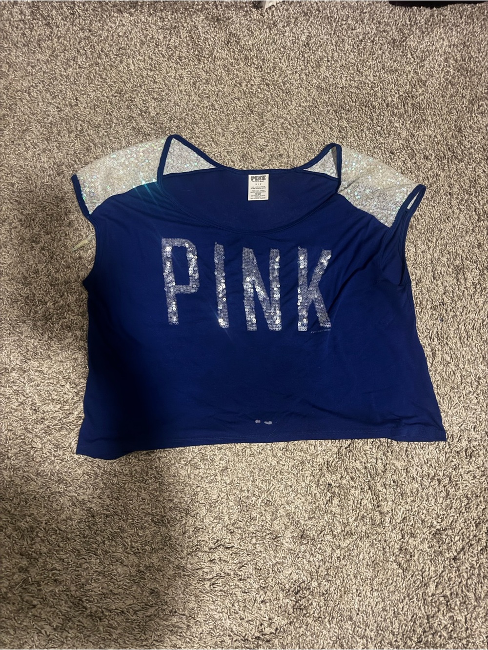 PINK Victoria's Secret Navy Sequin Shoulder Tee Sz small